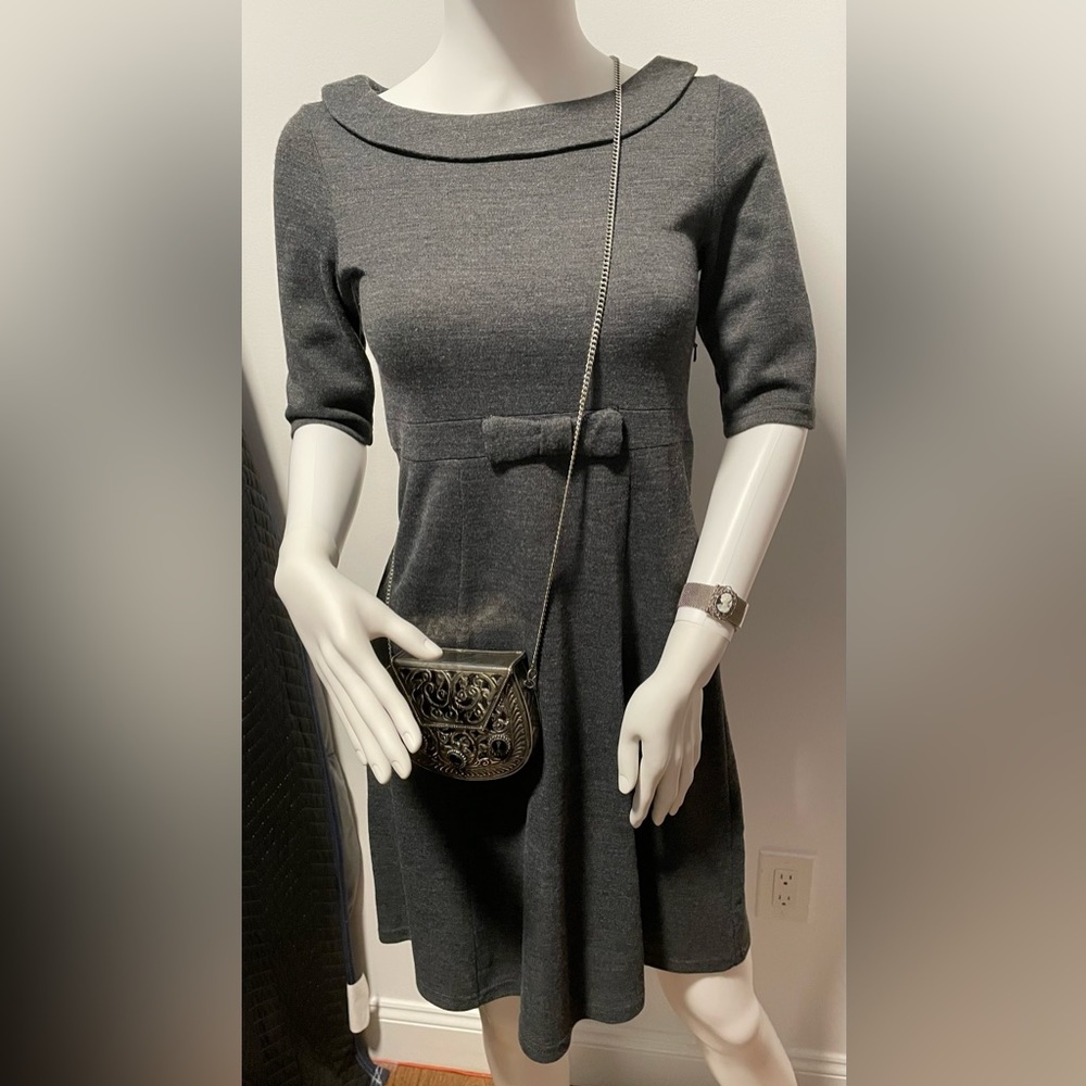 Smoky Grey, short, A-line dress—brand unknown. Bought used; tag was removed.